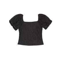 Square Neck Puff Sleeve Lace Overlay Top (Black)